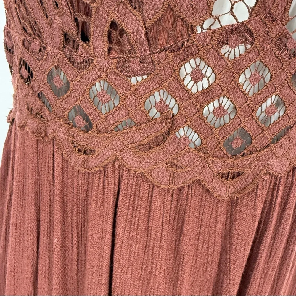 Free People Adella Brown Maxi romantic bohemian Dress with Lace Trim M - Picture 8 of 17